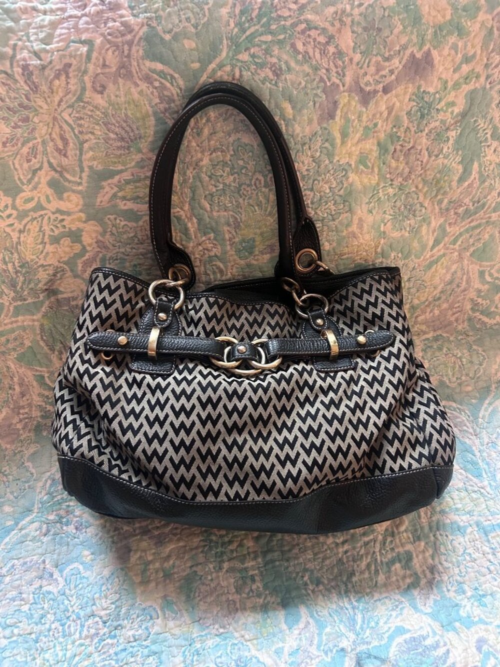 Wilsons Leather Black & Cream Chevron Satchel Y2K Shoulder Bag